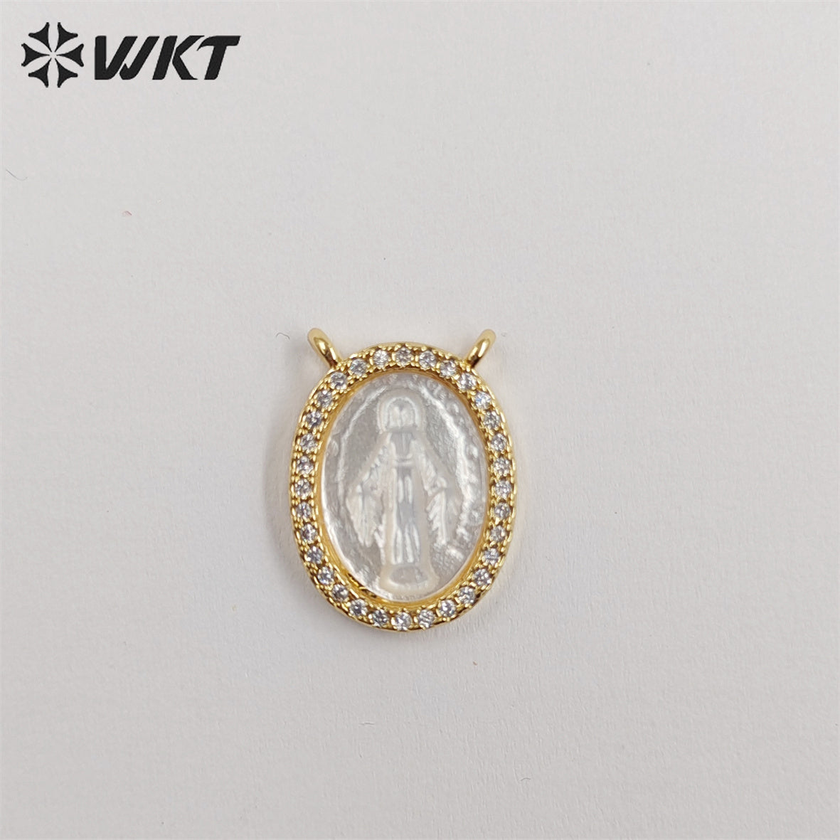 WT-JP329 Newest Lovely Micropaved Cubic Zircon Shell Miraculous Medal Pendant MOP Double Loops Religious Guadalupe Pendant