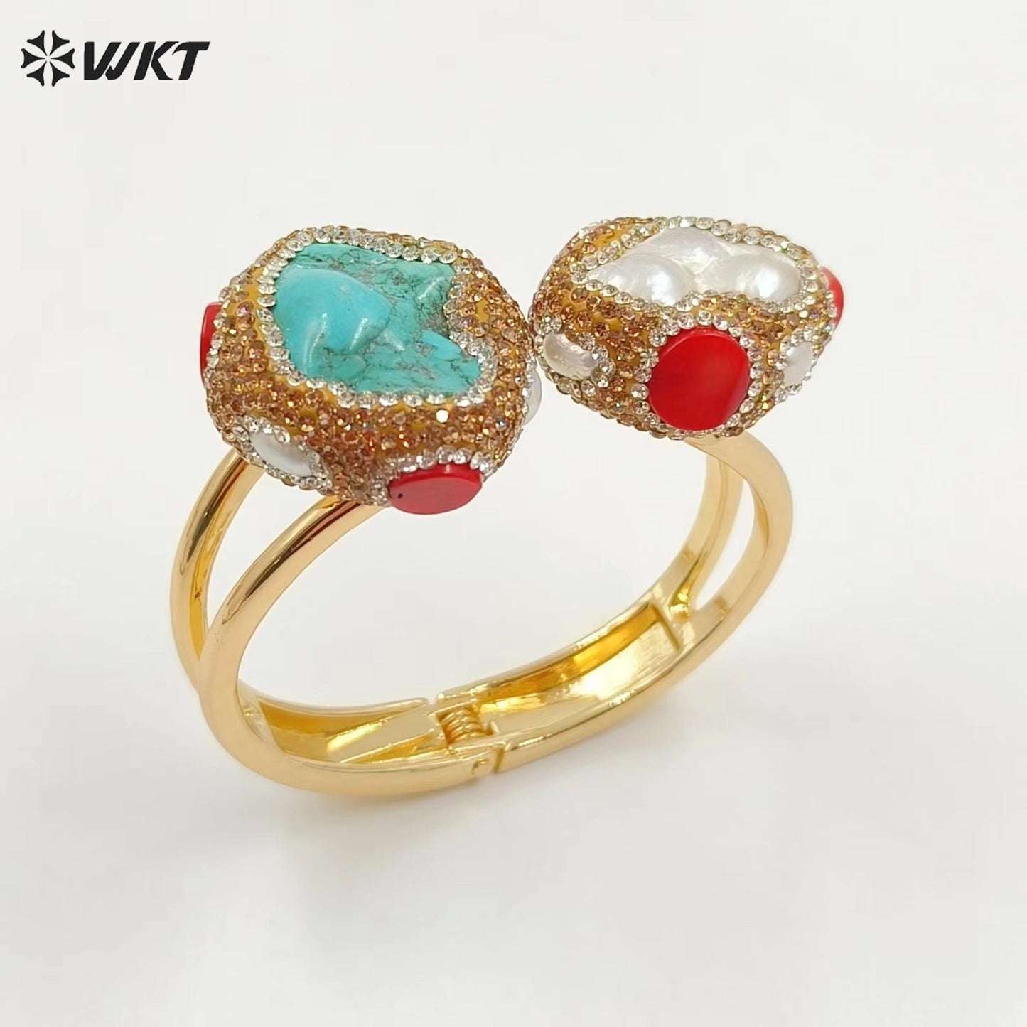 MPB107 Gorgeous Hand Make Rhinestone Paved Natural Gold Plated Cuff Green Turquoise and Pearl Bangle in Retro Style