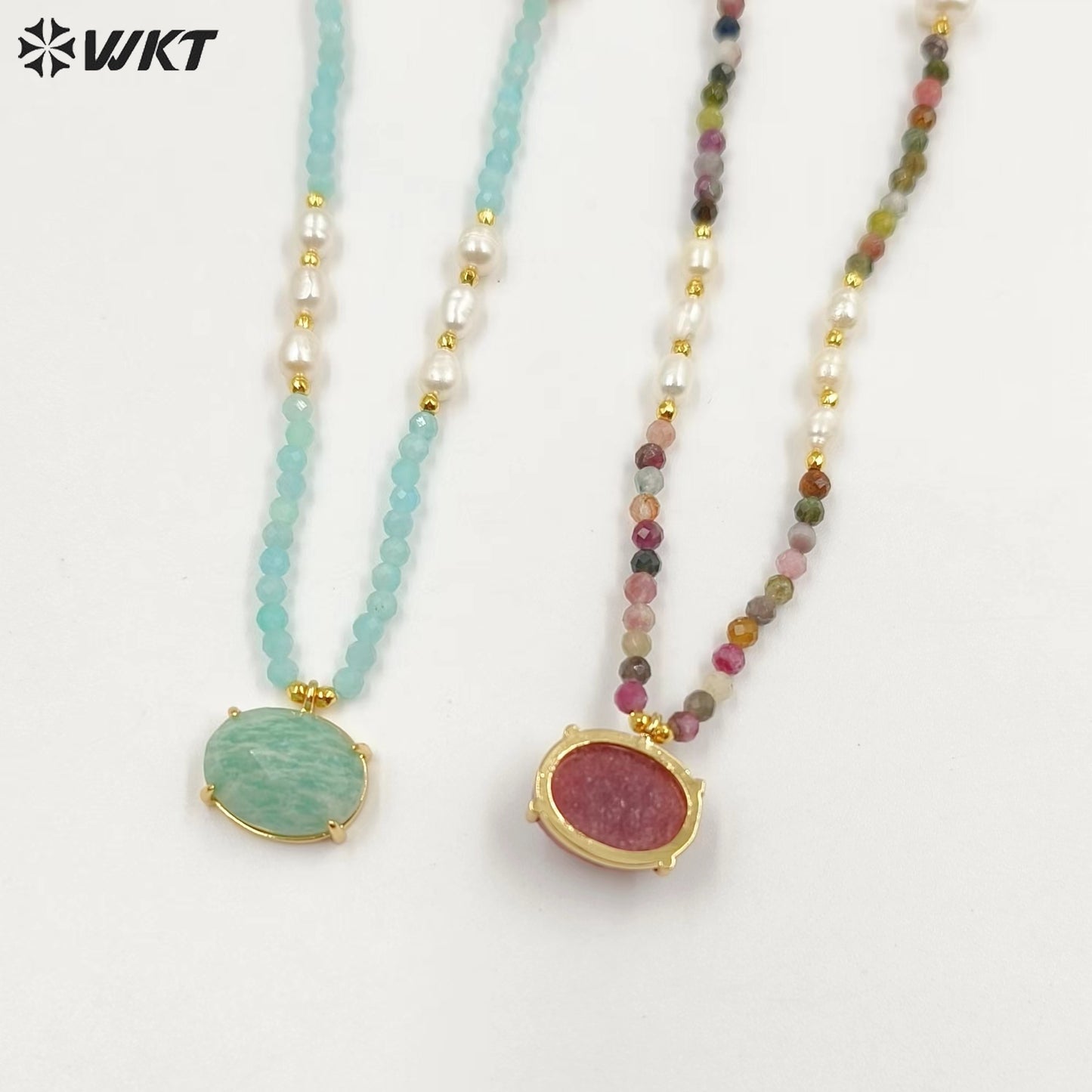 WT-N1445 WKT Best 2023 Newest Natural Gemstone and Pearl Women Simple Hoop Aura 16+2inch Stone Beads Necklace
