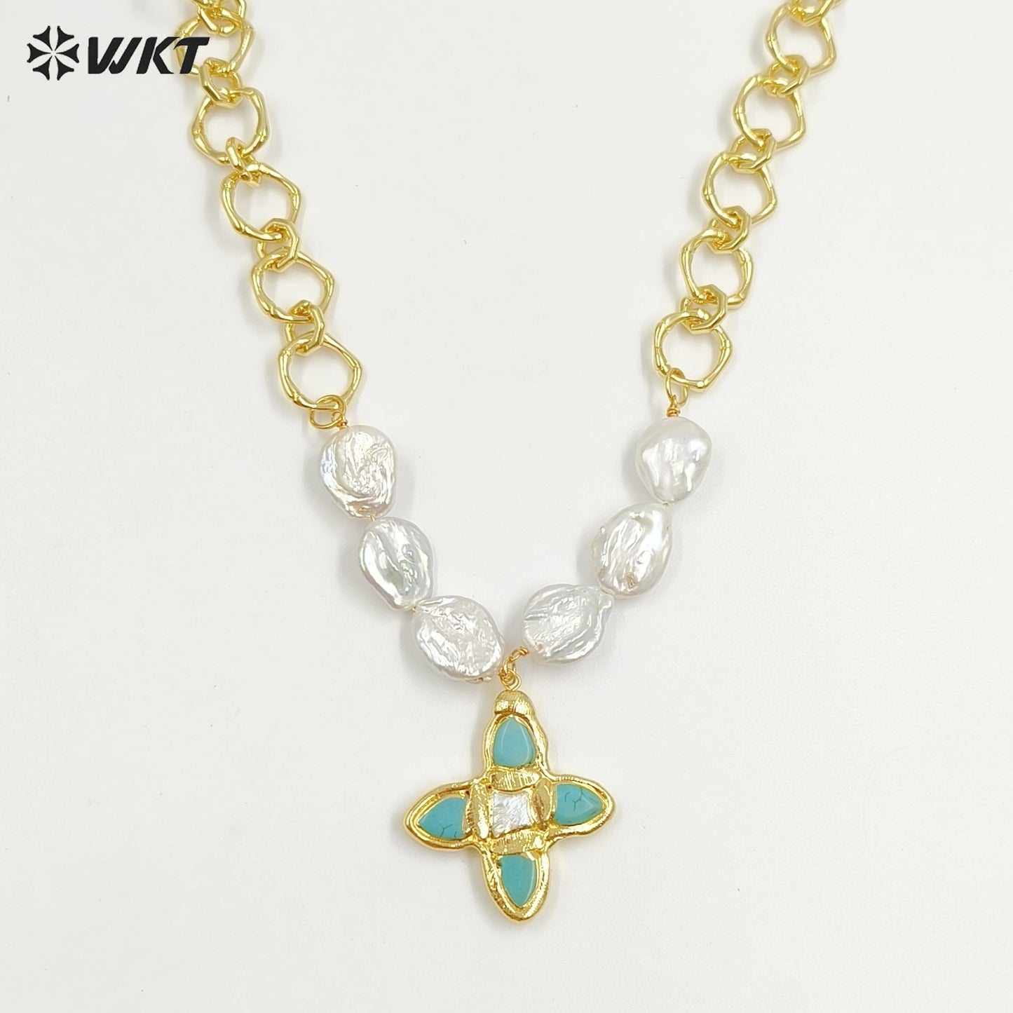 WT-JN324 Amazing Popular Christian High Precious Freshwater Pearl and Cross Turquoise Pendant Necklace with Chunky Chain
