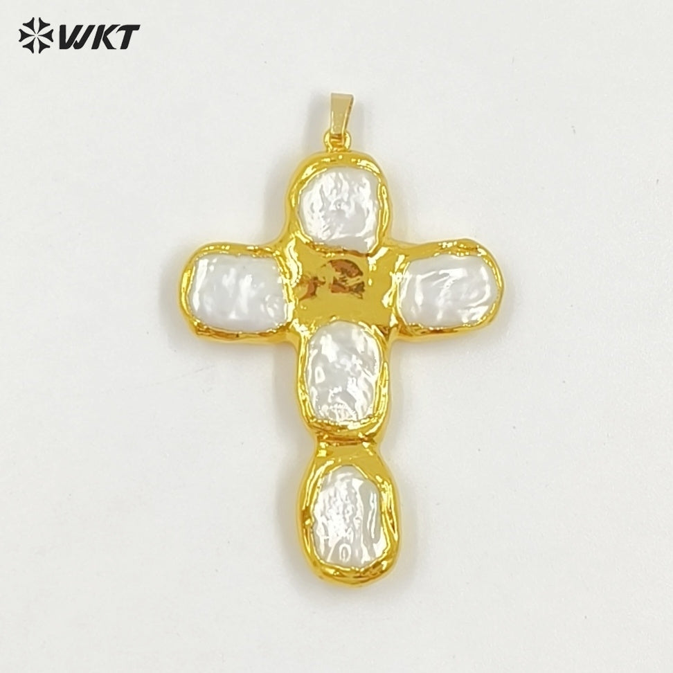 WT-JP420 New Sales Square Natural Freshwater Pearls Back Full Gold Plated Cross Shape Pendant For Jewelry DIY Accessories