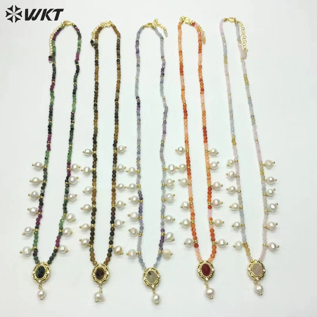 WT-N1473 WKT Elegant Handmade Natural Faceted Tiny Gemstone Beads Craft Delicate 16 Inch Long Stone Necklace