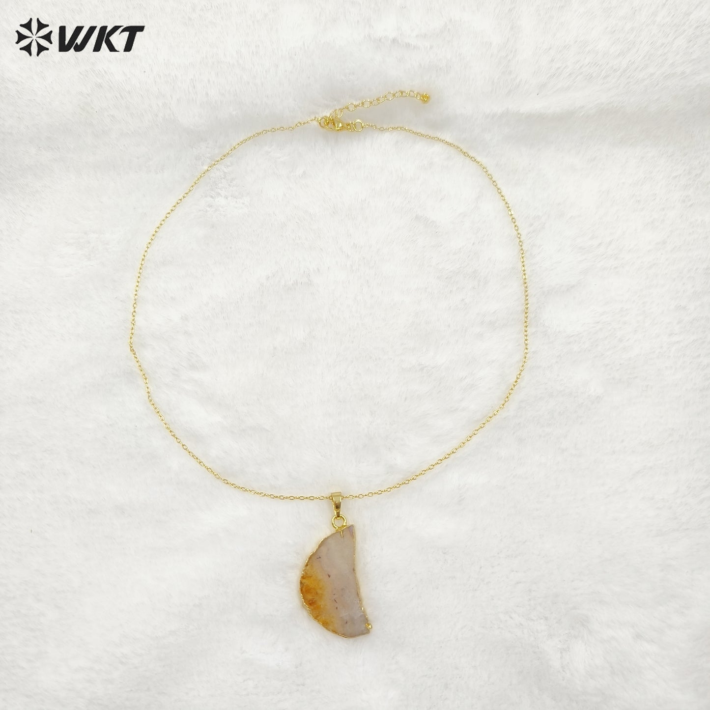 WT-N1300 Amazing Celestial Natural Slice Amethyst Moon Necklace Lady Gold Trim Half Moon Druzy Crescent Amethyst Necklace