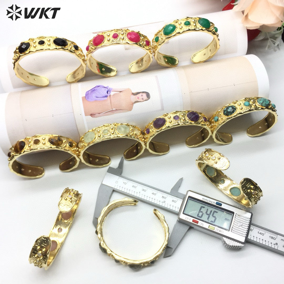 WT-B663 Delicate 18K Real Gold Plated Multi Natural Precious Stones in Bezel Setting Women Birthday Gift Gemstone Bangle