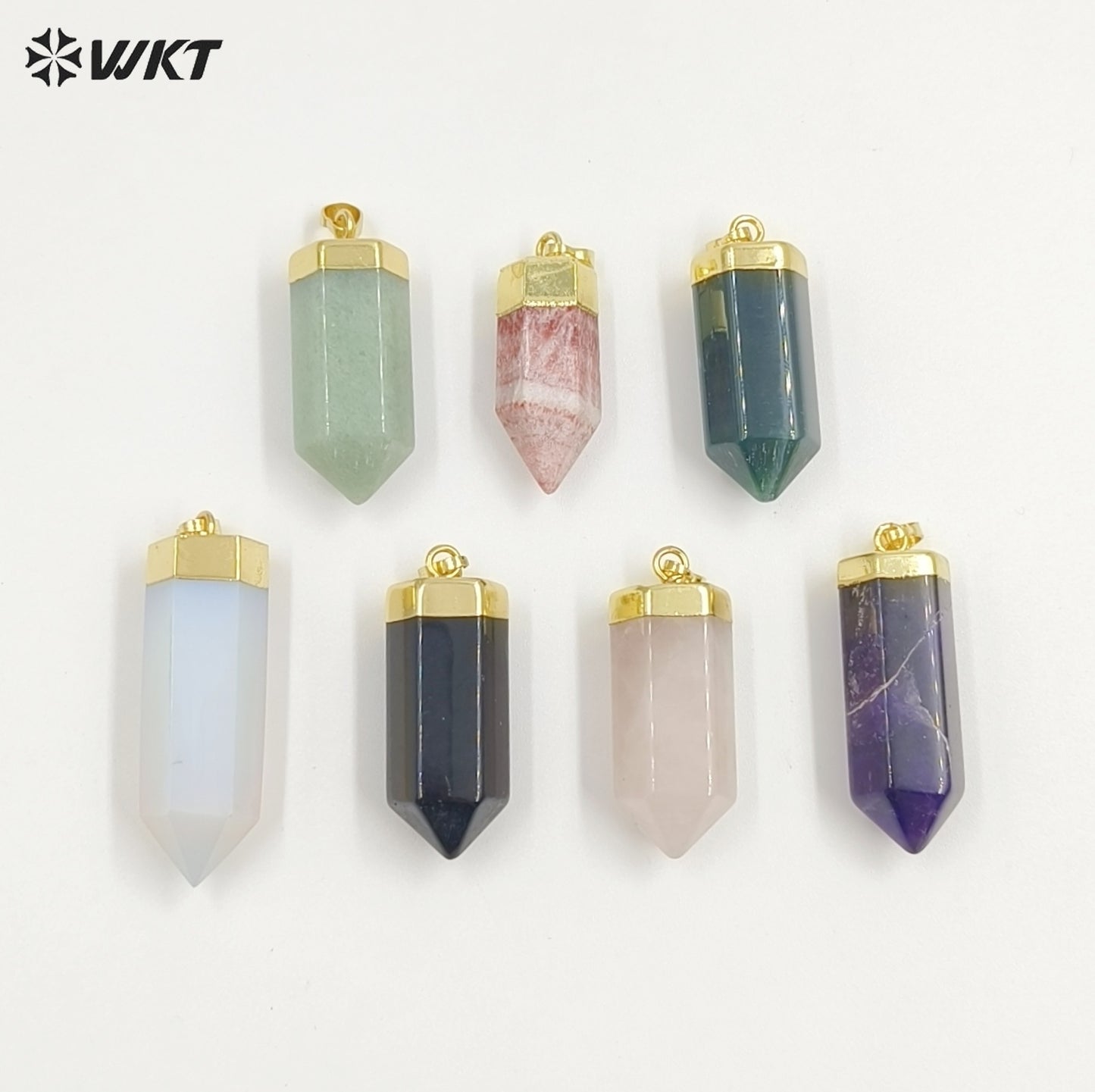 WT-P2007 Natural Precious Hexagon Gemstone Quartz Point Bullet Pendant with Gold Plated on Top Energy Jewelry Pendants