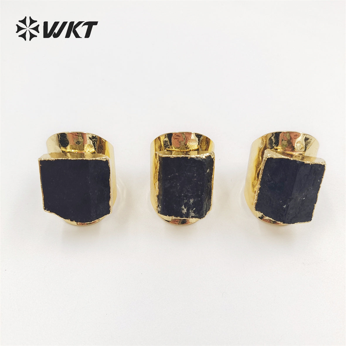 WT-R422 Women Beautiful Energy Black Tourmaline Stone Ring 18k Real Gold Plated Natural Stone Wide Birthday Gift Ring