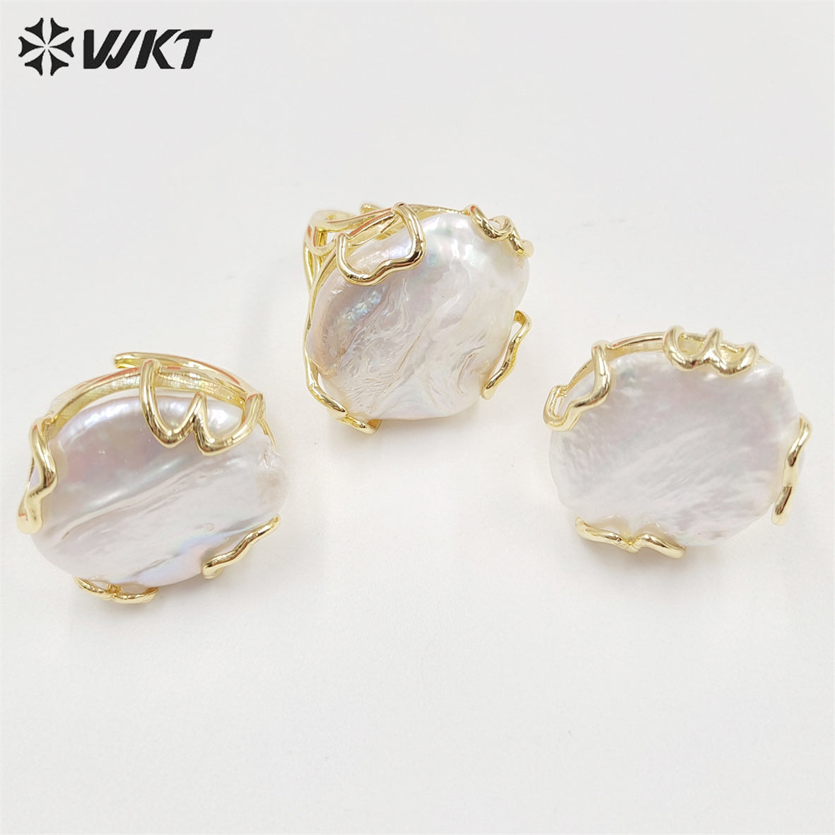 WT-MPR044 WKT Exclusive Gorgeous Handmade Claw Setting Natural Freshwater Pearl Ring Open Size Round Coin Pearl Ring
