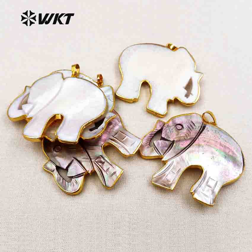 WT-P1345 Adorable Newest Shell Carved Elephant Pendant Unisex Handcarved Gold Trim Shell Elephant Pendant Natual Shell Pendant