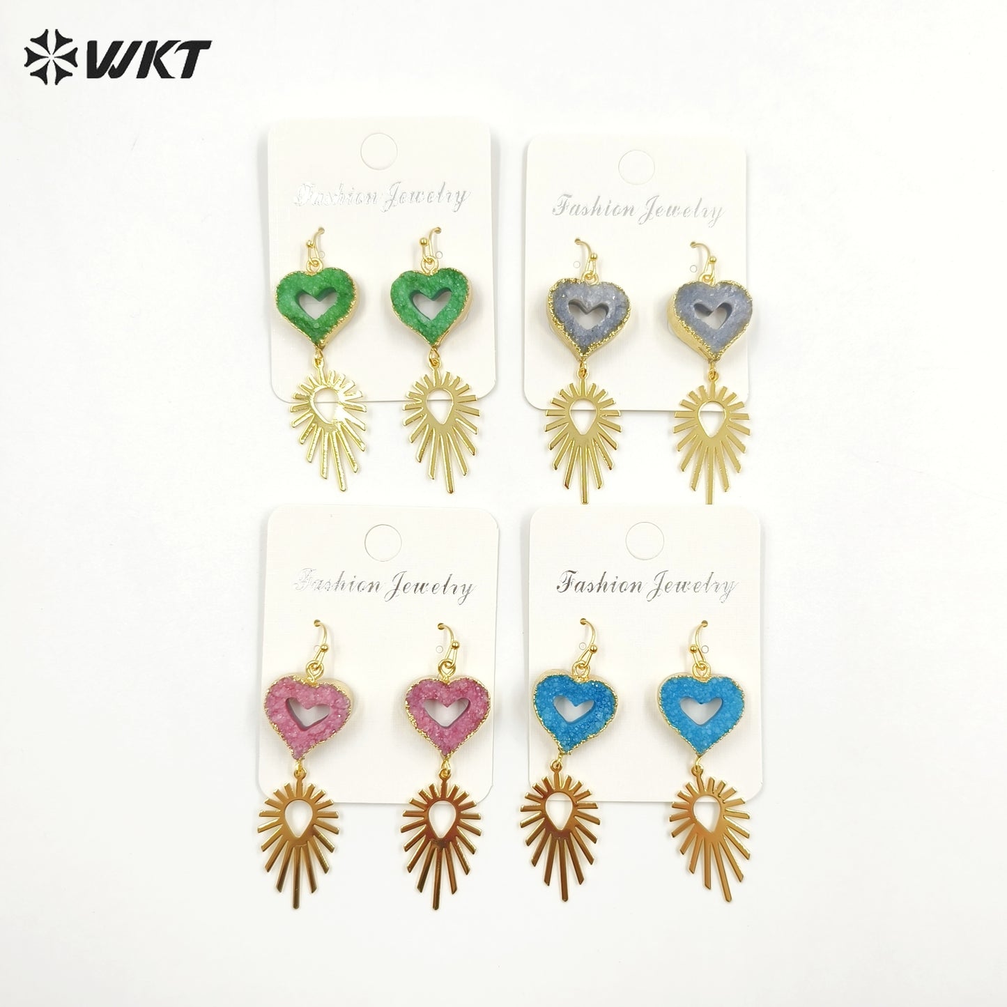 WT-E747 Wholesale Fashion New 18k Gold Plated Hollow Design Lovely Druzy Quartz Made Heart and Leaf Stone Earrings