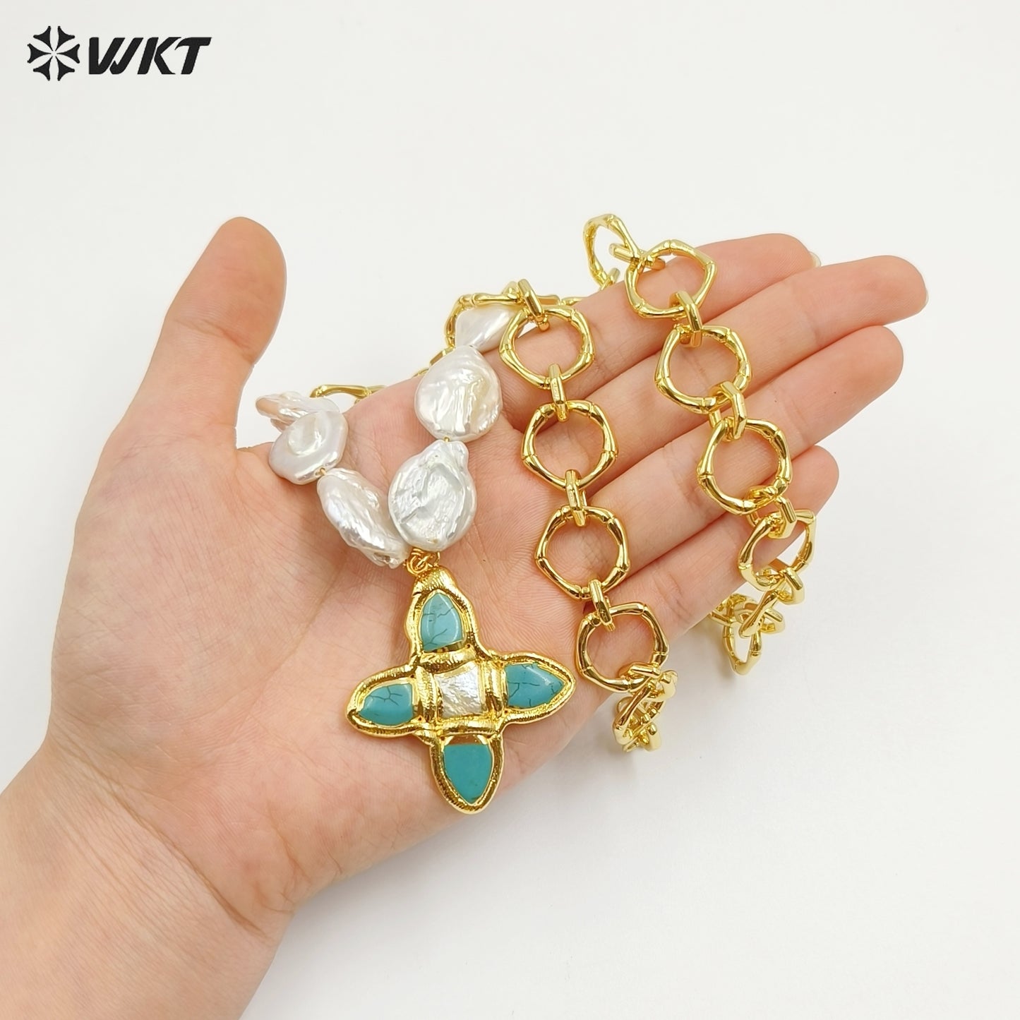 WT-JN324 Amazing Popular Christian High Precious Freshwater Pearl and Cross Turquoise Pendant Necklace with Chunky Chain