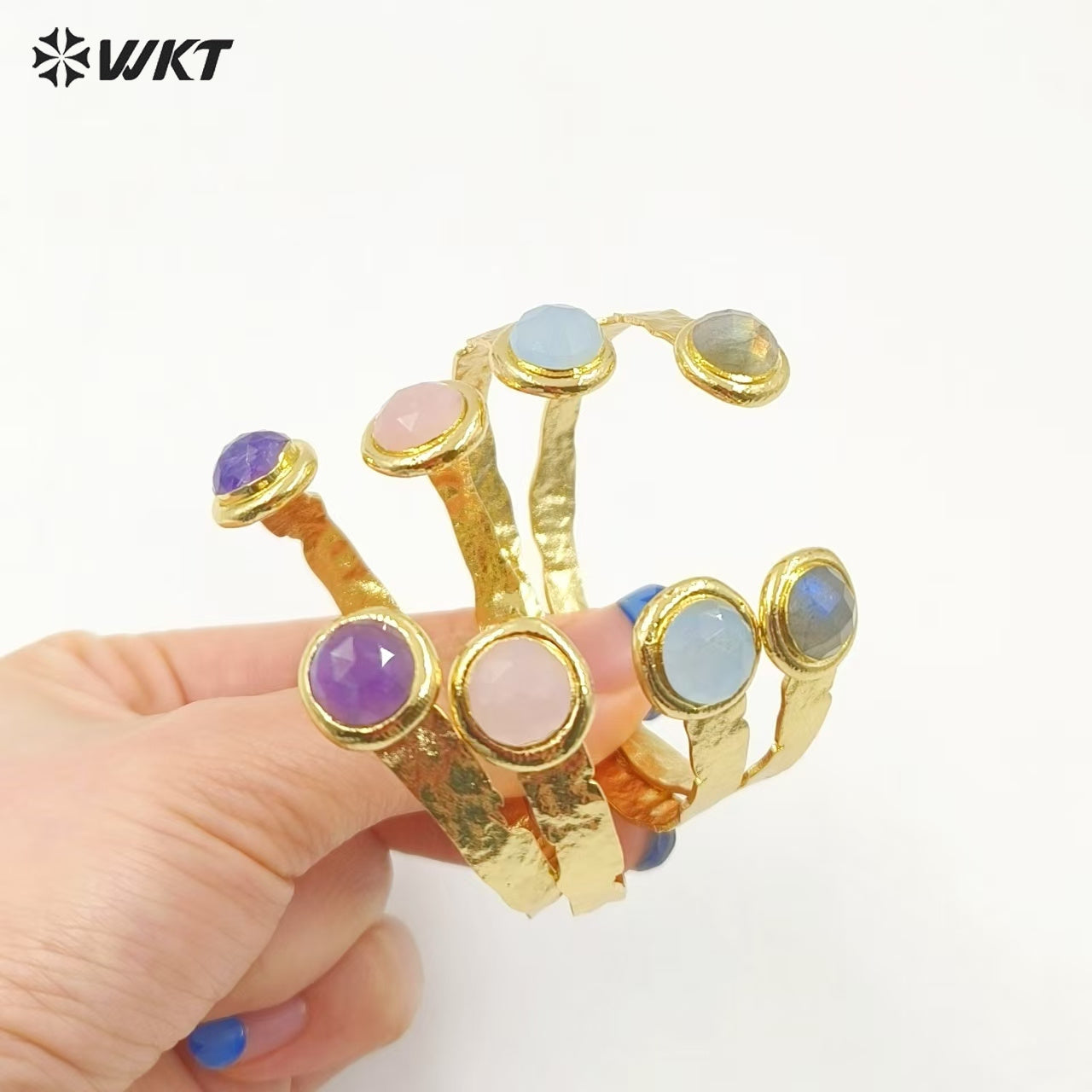 WT-B650 Newest Design Fashion 18K Real Gold Plated Resist Tarnishable Double Round Labradorite Stone Open Size Women Bangle
