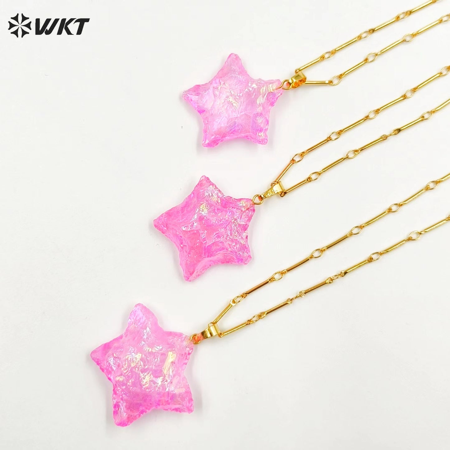 WT-N1346 WKT Best 2023 Newest Natural Pink Opal Necklace Star Shape Pendant Necklace Women Simple Hoop Aura Star Necklace