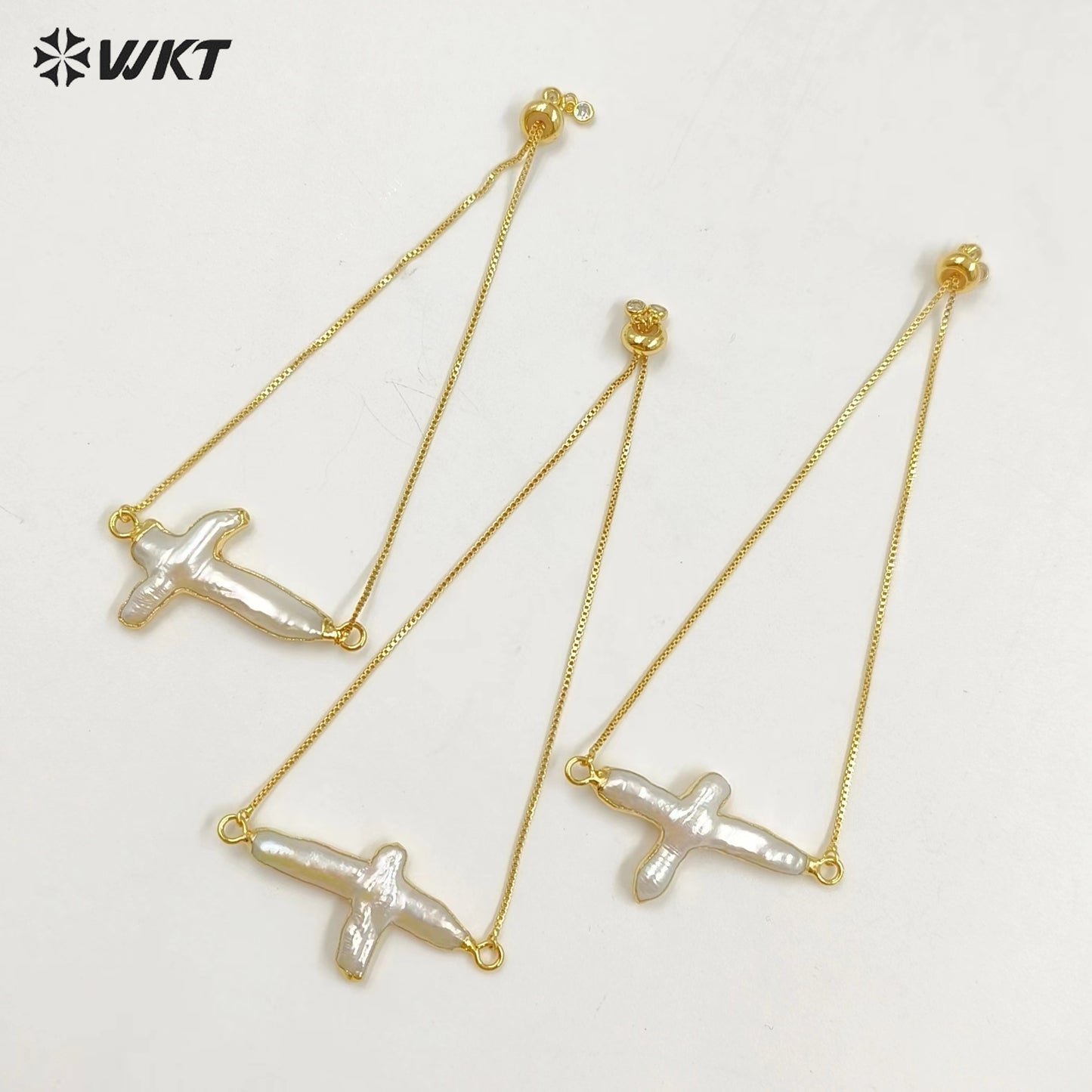 WT-B341 Gorgeous Natural Cross Pearl Chain Bracelet , 24K Genuine Gold Plated Handmade Pearl Chain Bracelet for Women
