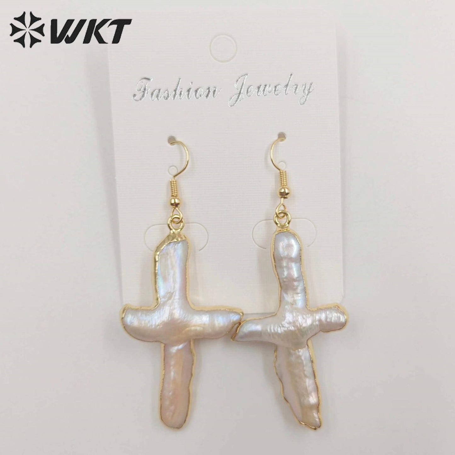 WT-E071 Super Hot Christian Religious Cross Earrings 18k Real Gold Plated Dangle Natural Freshwater Pearl Earrings for Wedding