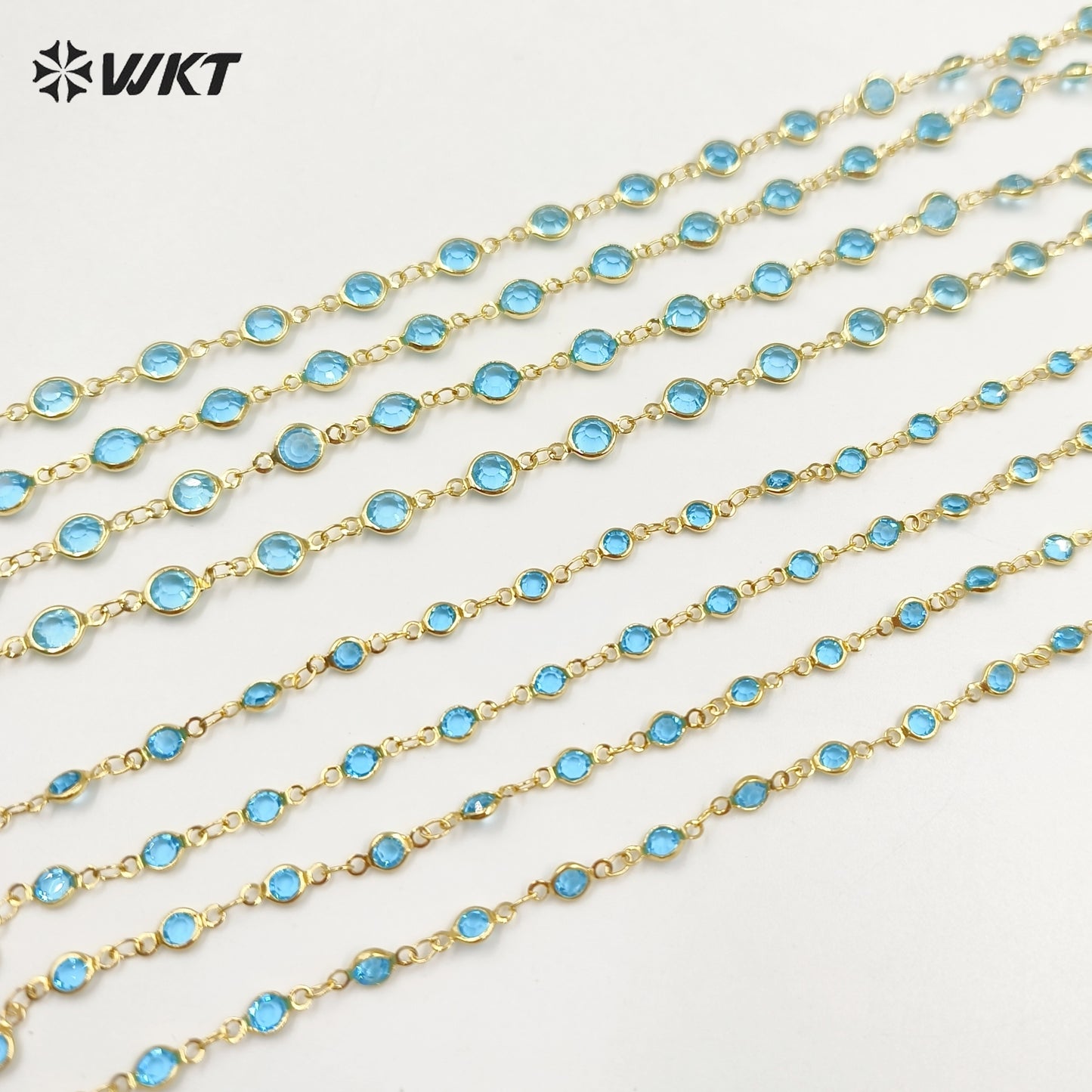 WT-RBC230 Super Hot 18K Real Gold Plated Aqua Crystal Round Beads Chain for Women Jewelry Necklace DIY Design Findings