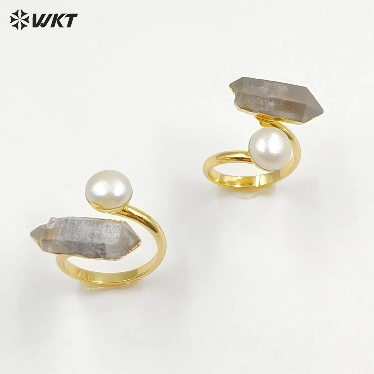 WT-MPR065 Gorgeous Energy Crystal Helkimon Sparkle Diamond Quartz Stone Ring With Pearl for Women Lucky Unique Design