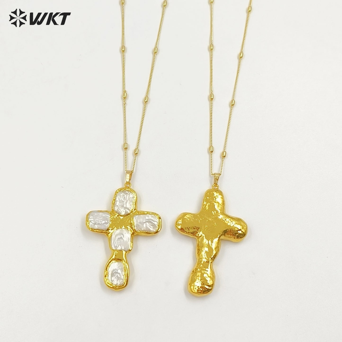 WT-JN328 Wholesale Beautiful Back Full Gold Plated With Natural Freshwater Pearls Cross Shape Pendant Necklace Anniversary Gift