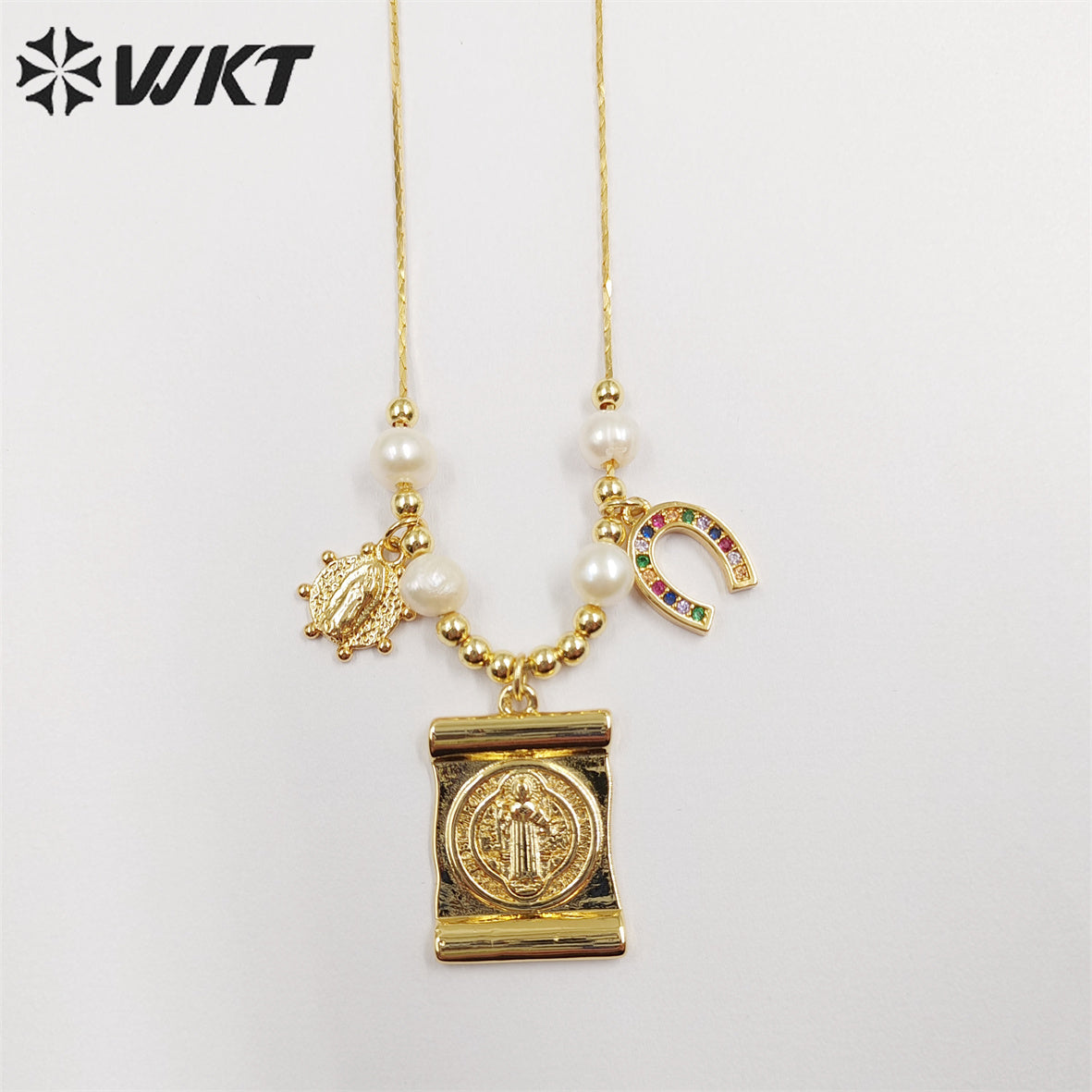 WT-JN230 Wholesale Fashion Gold Religious St Benedict Medal Pearl Necklace Charming Christian Adjustable Themed Medal Necklace