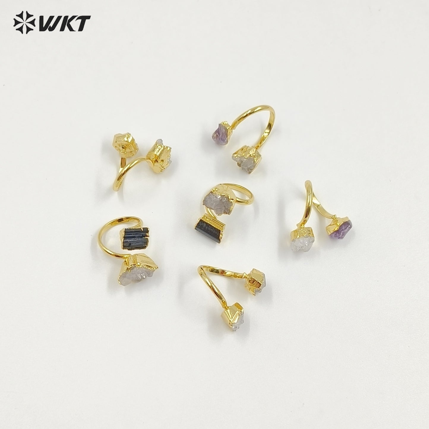 WT-R495 Amazing WKT New Design Natural Double Stone Druzy Crystal Quart and Black Tourmaline Stone Ring in Adjustable Size