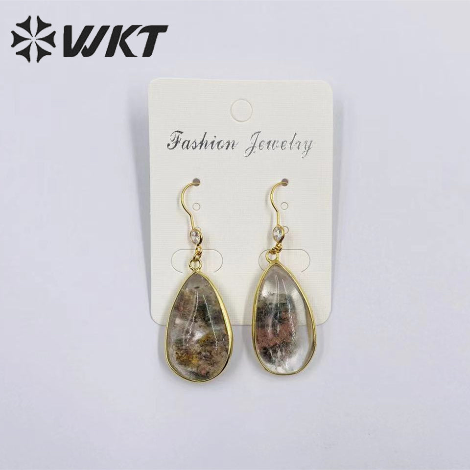 WT-E718 Classical Irregularity Healing Transparency Moss Agate Exquisite Gold Plated Needle Earrings Energy Healing Quartz Hoop