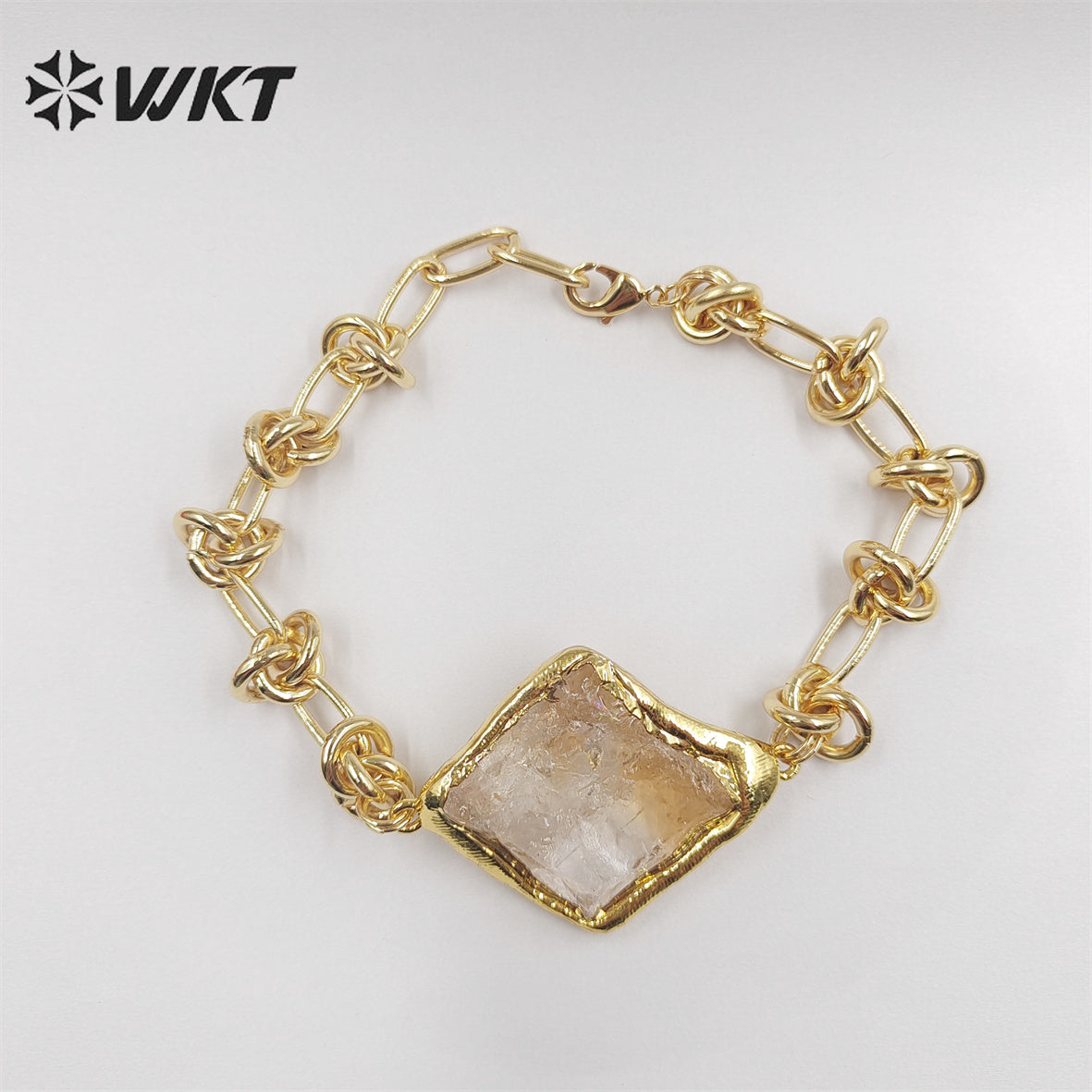 WT-B614 WKT Handmade New Knotted Shape Metal Chain Bracelets 18k Real Gold Plated Resist Tarnishable Natural Raw Stone Bracelets