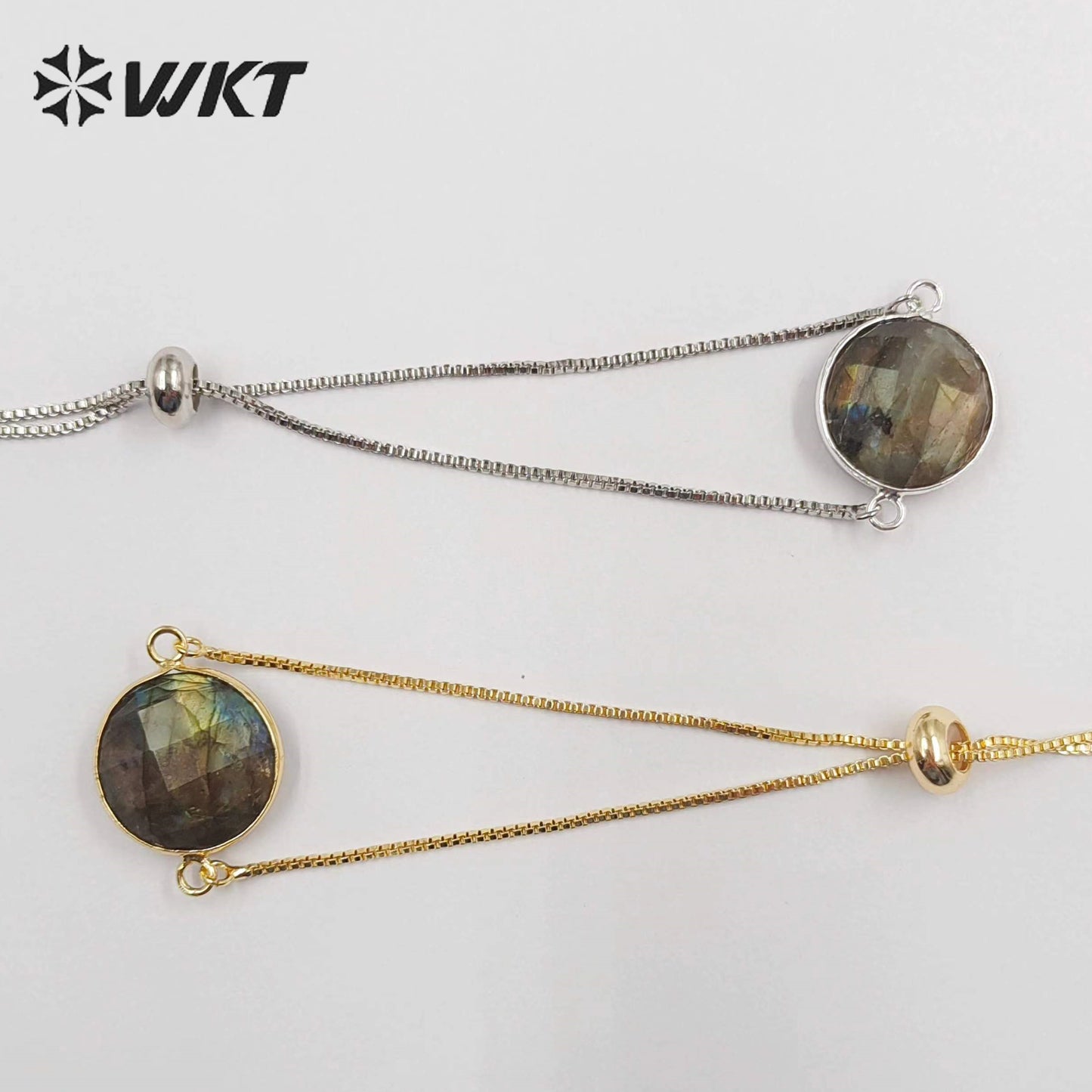 WT-B343 Trendy Design Natural Labradorite Connector Bracelet, Charm Round 24K Real Gold Plated Labradorite Connector Bracelet