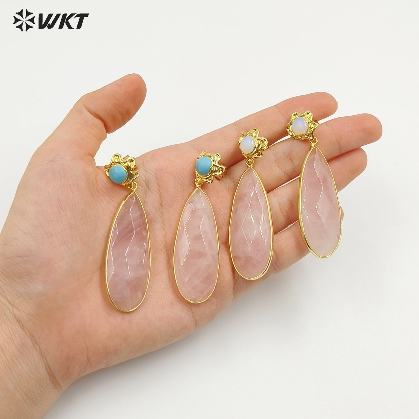 WT-E792 New Design Gold Plated Natural Small Gemstones And Pink Crystal Long Waterdrop Shape Earrings As Women Romantic Gift