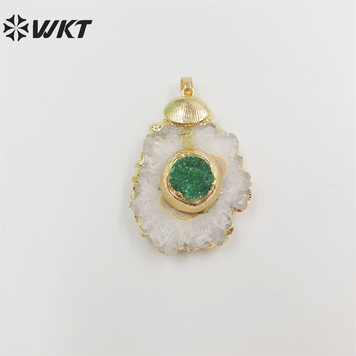 WT-P1852 Amazing Fashion Gold Trim Stalactite Stone Pendant with Druzy Quartz and Pearl Natural Stone Cut Flower Pendants
