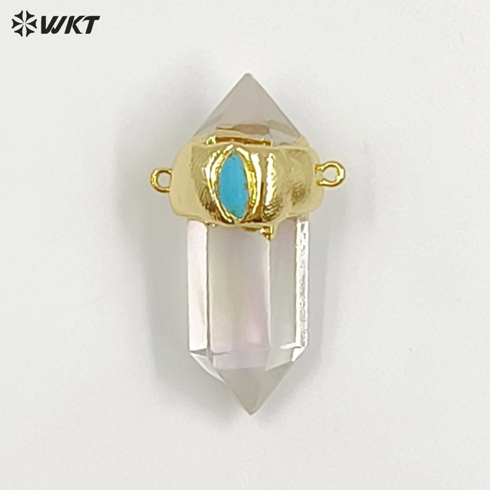 WT-P1552 Most Populared Double Loops Turquoise Charm Natural Crystal Quartz Point Pendant Healing Quartz Point Pendant Jewelry