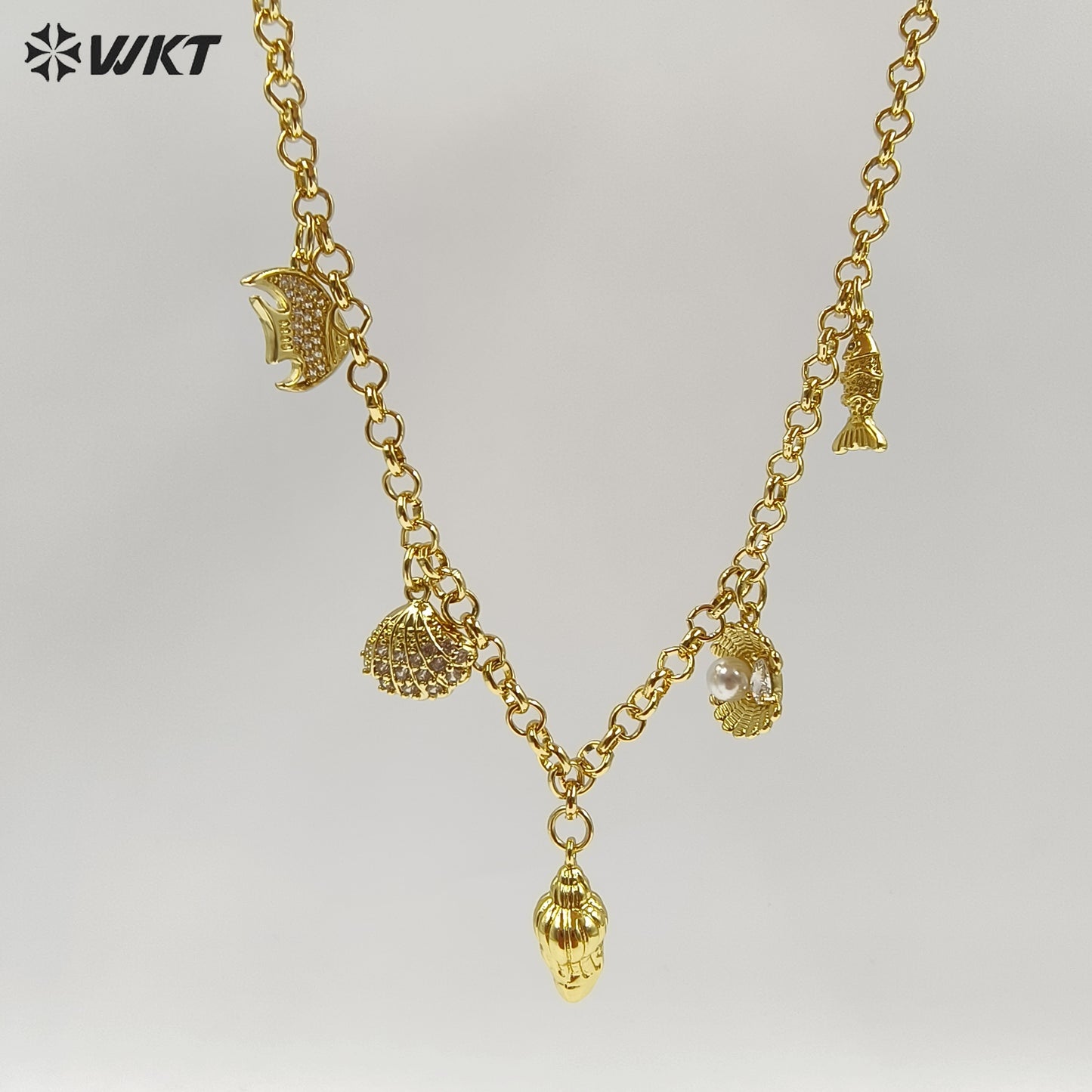 WT-JFN47 Newest Yellow Brass Fine Chain With Gold Plated Small Lovely Shell Charms Necklace For Elegant Ladies Jewelry Matching