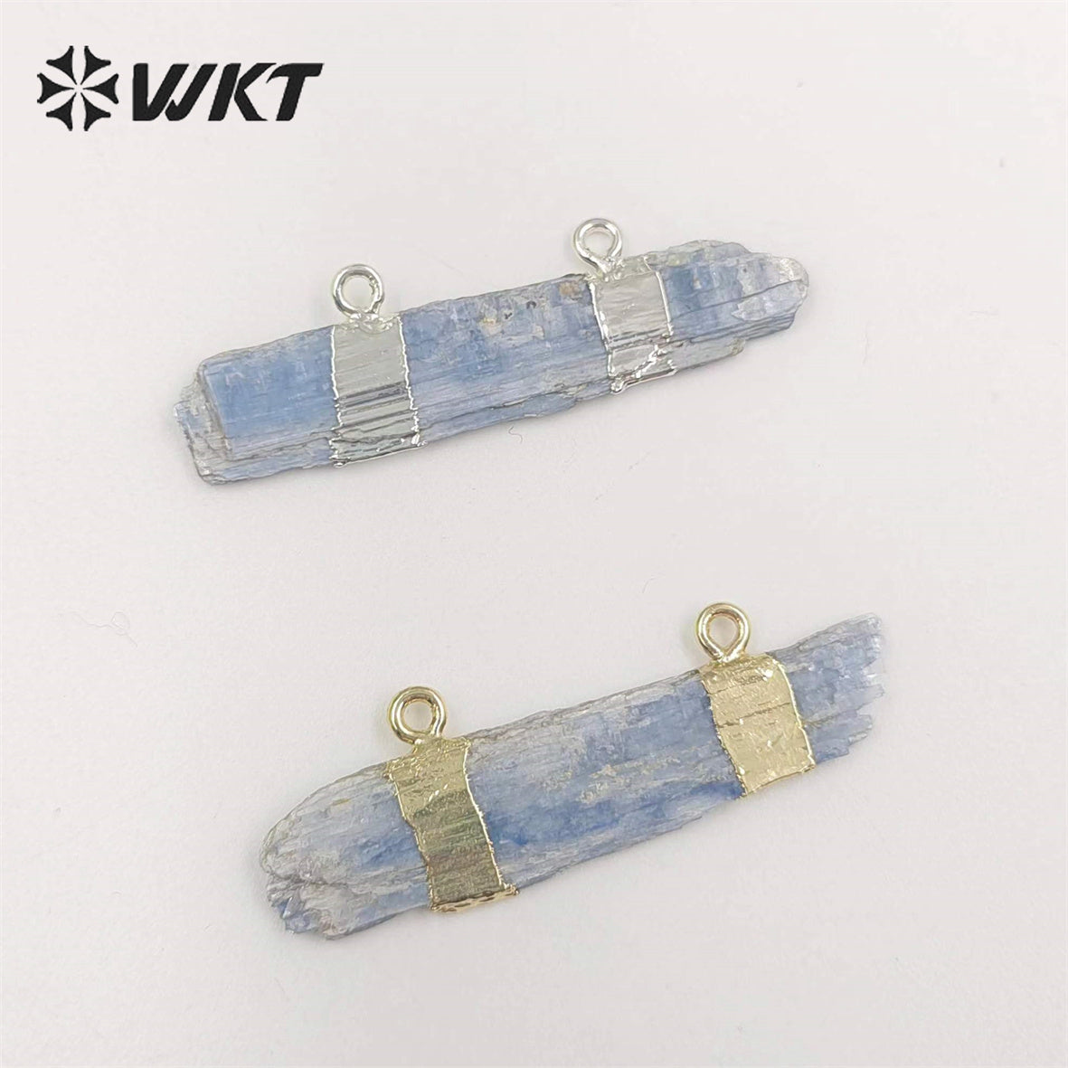 WT-P527 Rough Blue Kyanite Double Loops Bail Pendants, Fashion Gemstone Gold Dipped Natural Stone Pendants