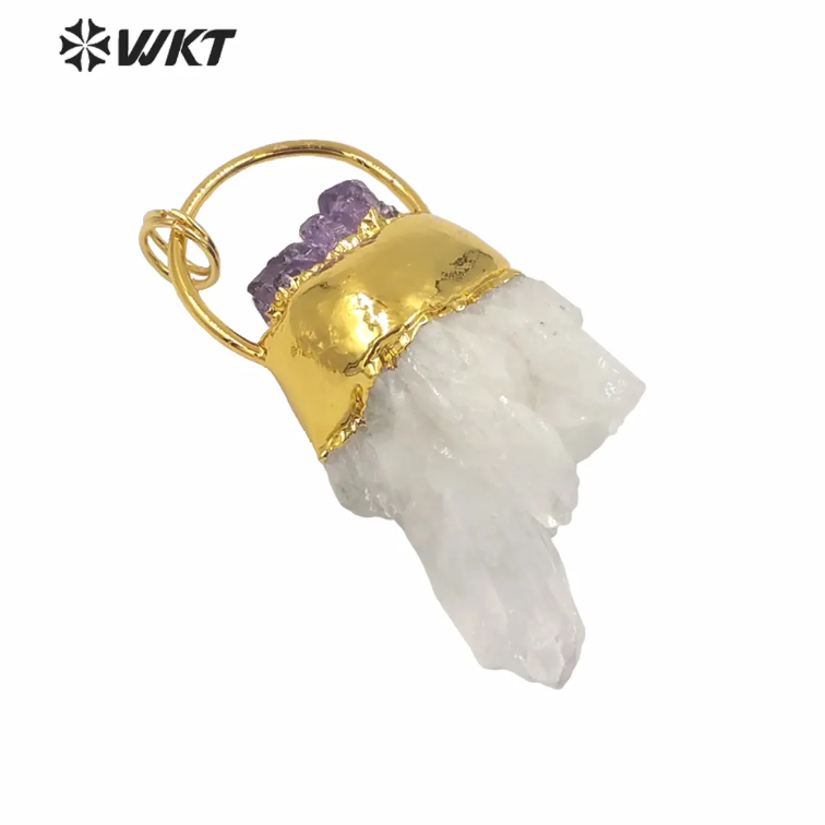WT-P1582 Wholesale Gold Electroplated White Cluster Quartz Point Pendant Lady Fashion Natural Druzy Quartz Point Pendant