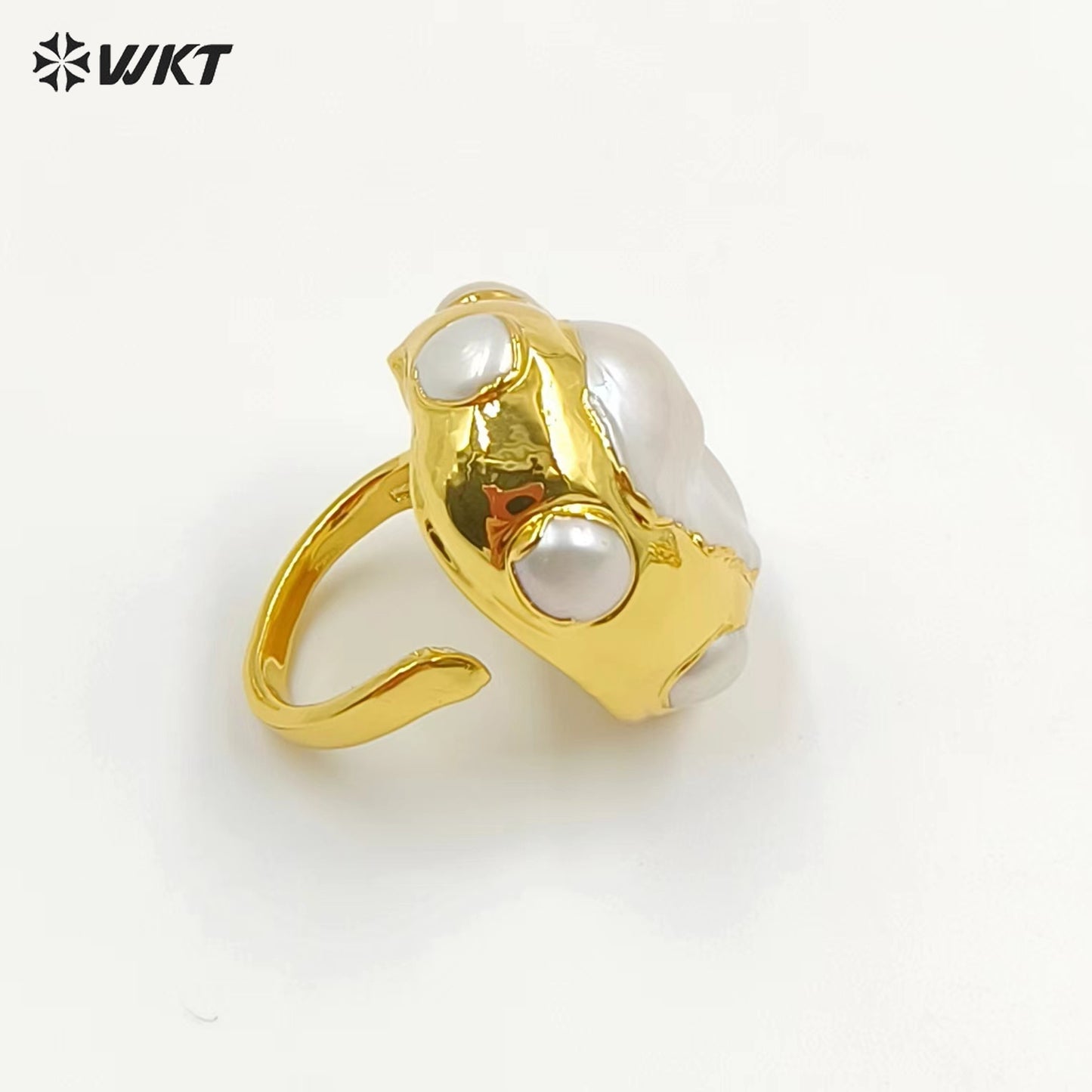 WT-MPR074 WKT Europe Gorgeous Natural Freshwater Baroque Keshi Pearl Women Anneversary Ring in 18K Real Gold Plated