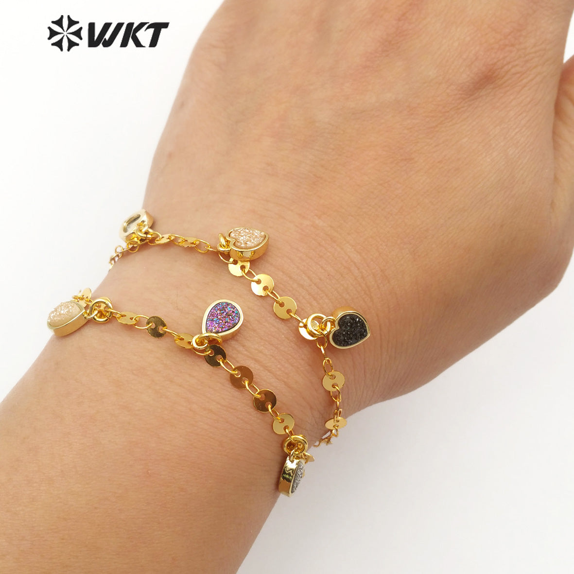 WT-B445 Vogue Jewelry in Heart, Tear Drop, Round, Oval Shape Pendant Women Dainty Natural Druzy Quartz Stone Bracelet