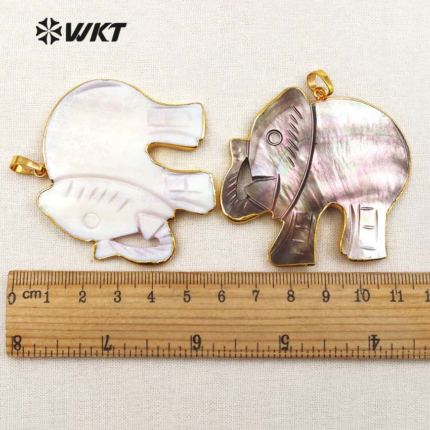 WT-P1345 Adorable Newest Shell Carved Elephant Pendant Unisex Handcarved Gold Trim Shell Elephant Pendant Natual Shell Pendant