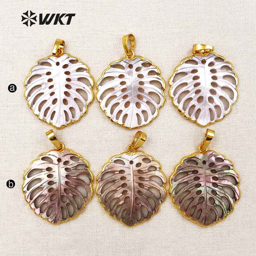 WT-P1346 New Fashionable Gold Plated Carved Shell Leaf Pendant Hot Sale Natural Hand Carved Shell Hollow Leaf Pendant