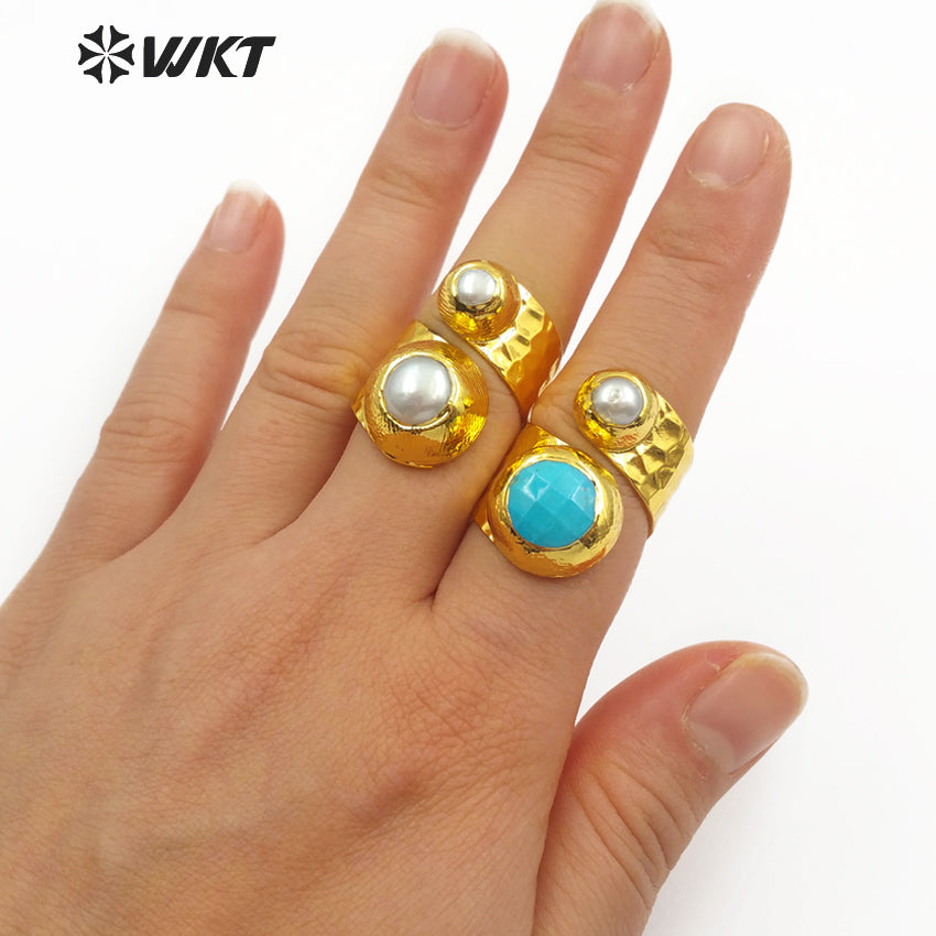 WT-R329 Fashion Design Women Adjustable Gold Jewelry Gemstone and Natural Freshwater Pearl Jade in Round Shape Ring