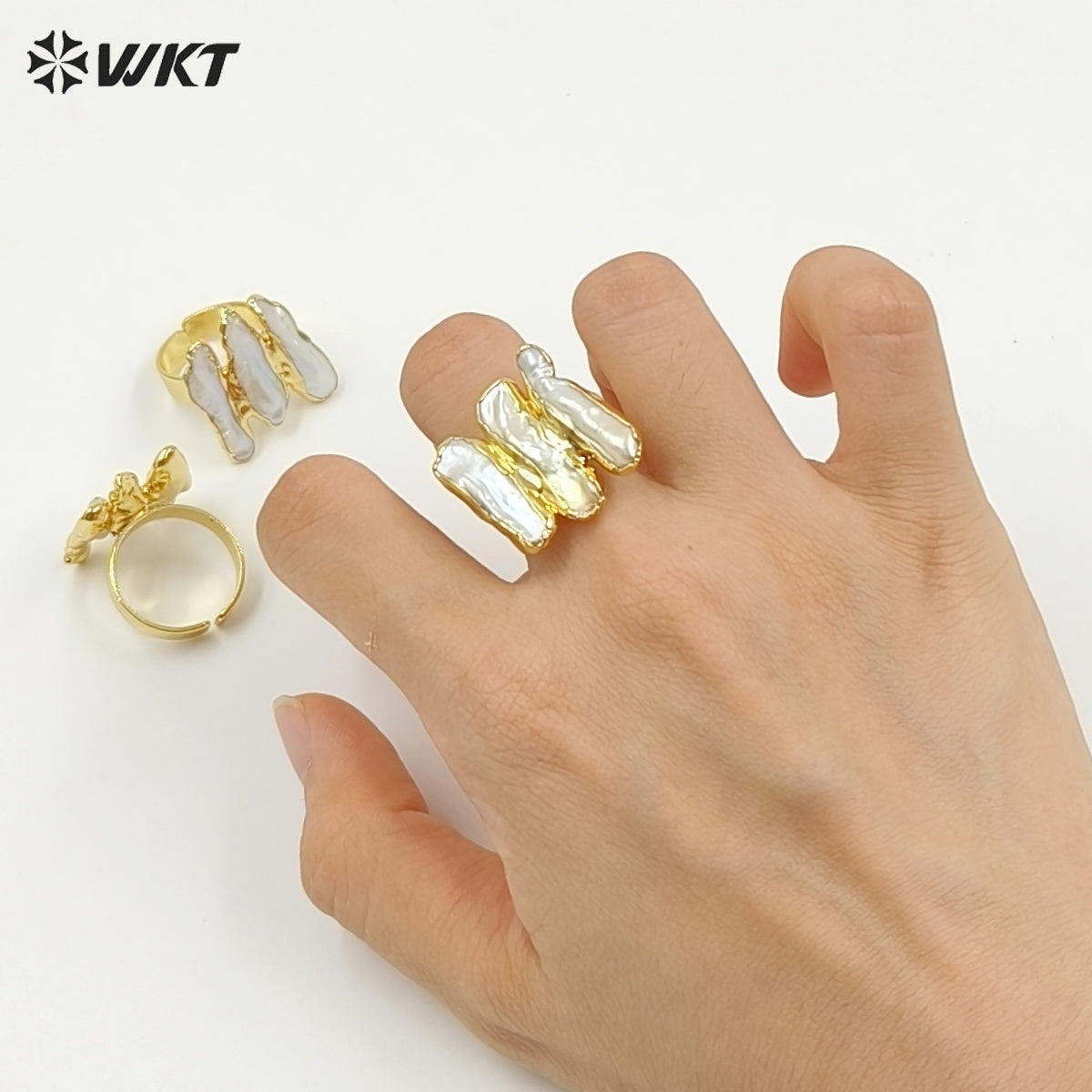 WT-R305 2018 New 18K Metal Electroplated Adjustable Rings Geometric Shape for Elegant Women with Freshwater Pearl Ring