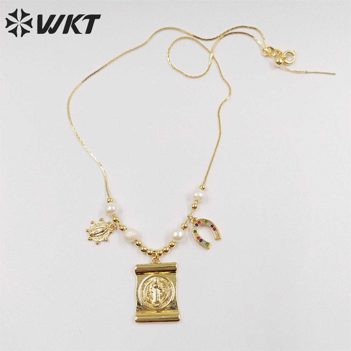 WT-JN230 Wholesale Fashion Gold Religious St Benedict Medal Pearl Necklace Charming Christian Adjustable Themed Medal Necklace