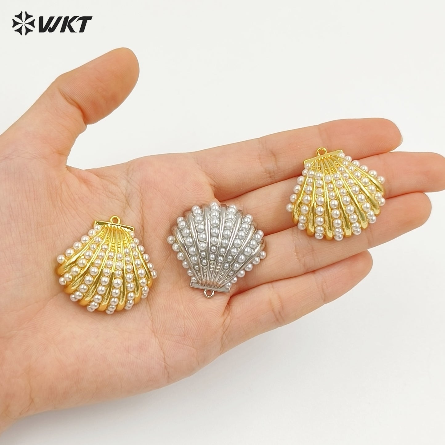 WT-MP313 Fashion Gold And Silver Plated Brass With Artificial Pearl Shell Shape Pendant For Women Jewelry DIY Accessories