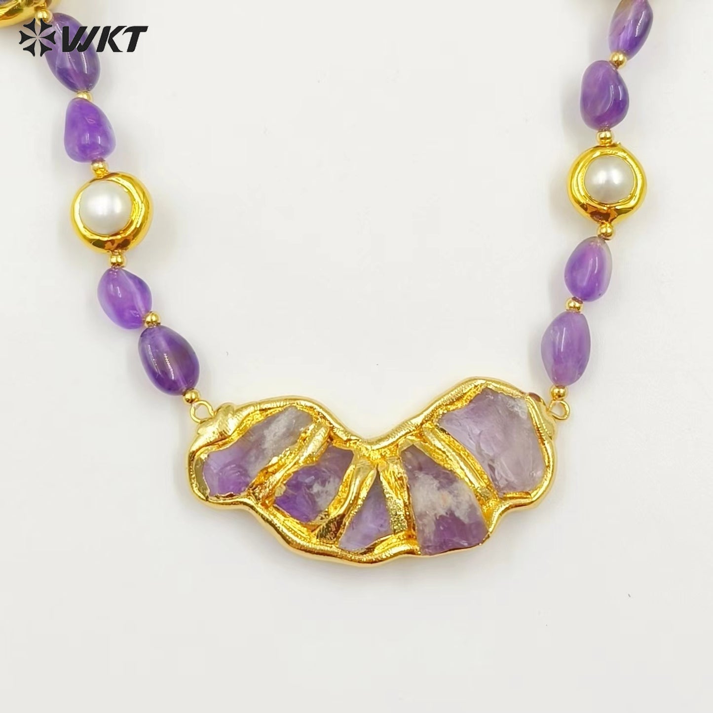 WT-N1464 Gorgeous Unique Gold Plated Natural Chunky Amethyst Beads and Pearl Big Stone Pendant Necklace