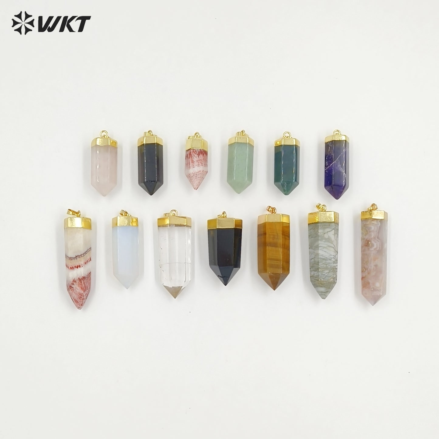 WT-P2007 Natural Precious Hexagon Gemstone Quartz Point Bullet Pendant with Gold Plated on Top Energy Jewelry Pendants