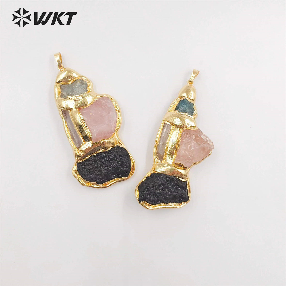 WT-P1905 Amazing Triple Gemstone Mixture Jewelry Pendants Genuine Energy Black Meteorite Rose Quartz Raw Stone Pendants