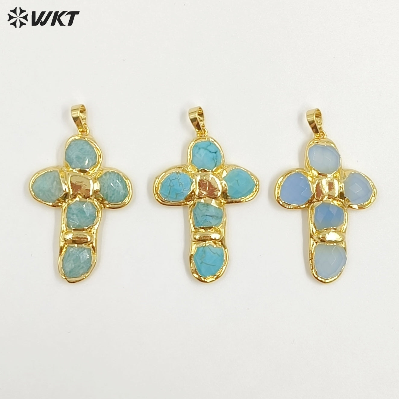 WT-P2027 Amazing Back Full Gold Plated Amazonite Multi Colors Natural Gemstones Cross Shape Pendants For Popular Necklace DIY