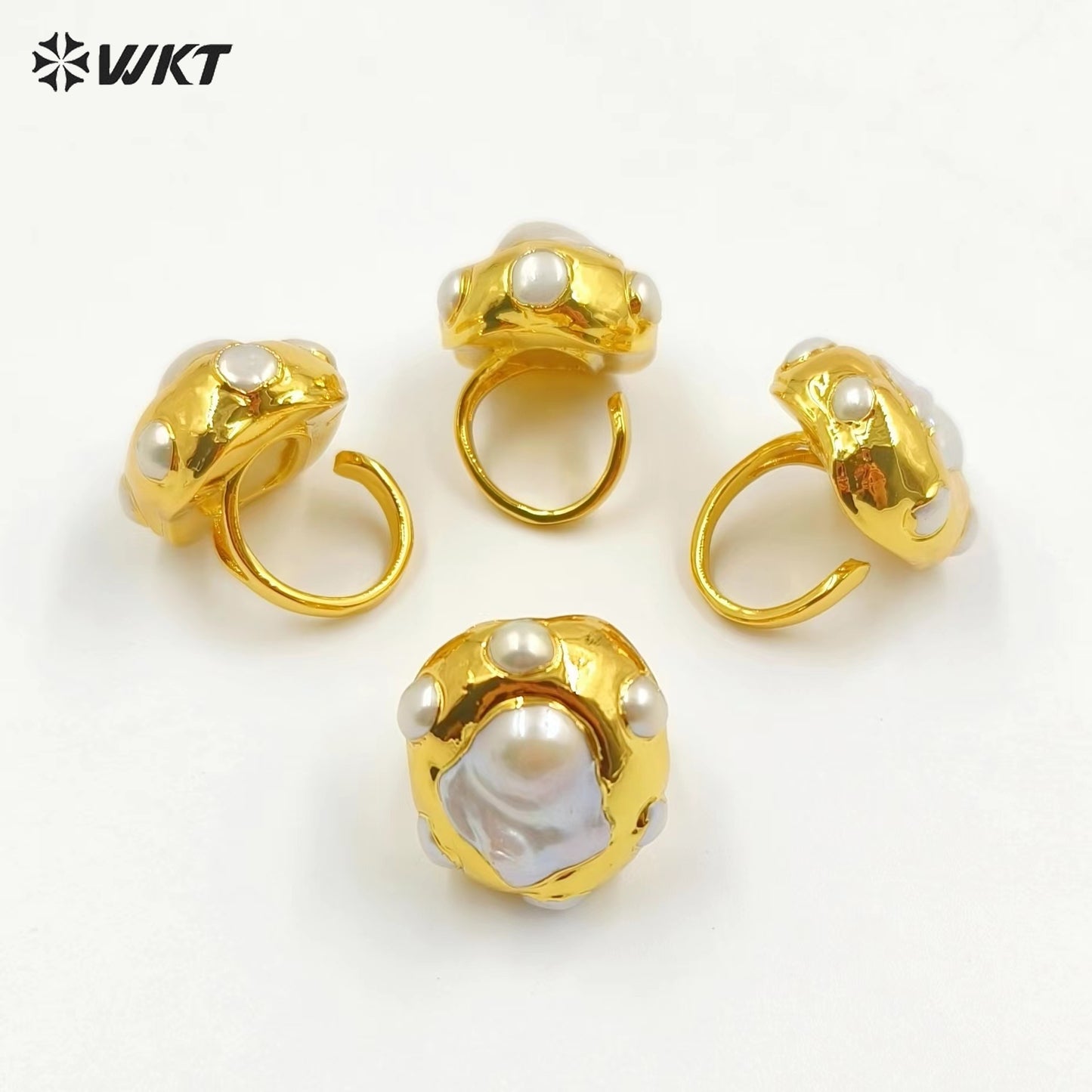 WT-MPR074 WKT Europe Gorgeous Natural Freshwater Baroque Keshi Pearl Women Anneversary Ring in 18K Real Gold Plated
