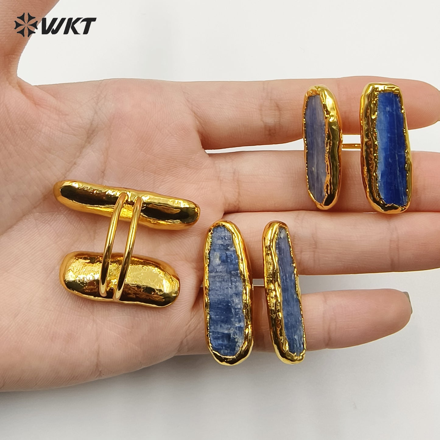 WT-R496 WKT New Design Fashion 18K Real Gold Plated Double Stone Blue Kyanite Ring in Open Size US7 Bohemian Style