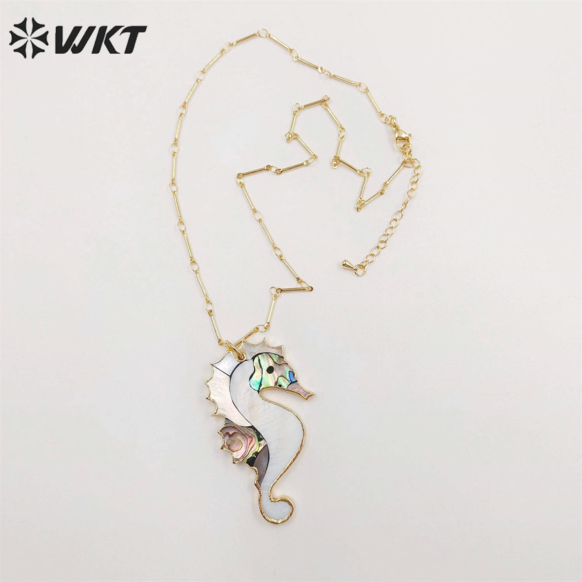 WT-N1069 WKT Wholesale New Fashion Stick Link Chain Jewelry Seahorse Shape Natural Abalone Shell Necklace