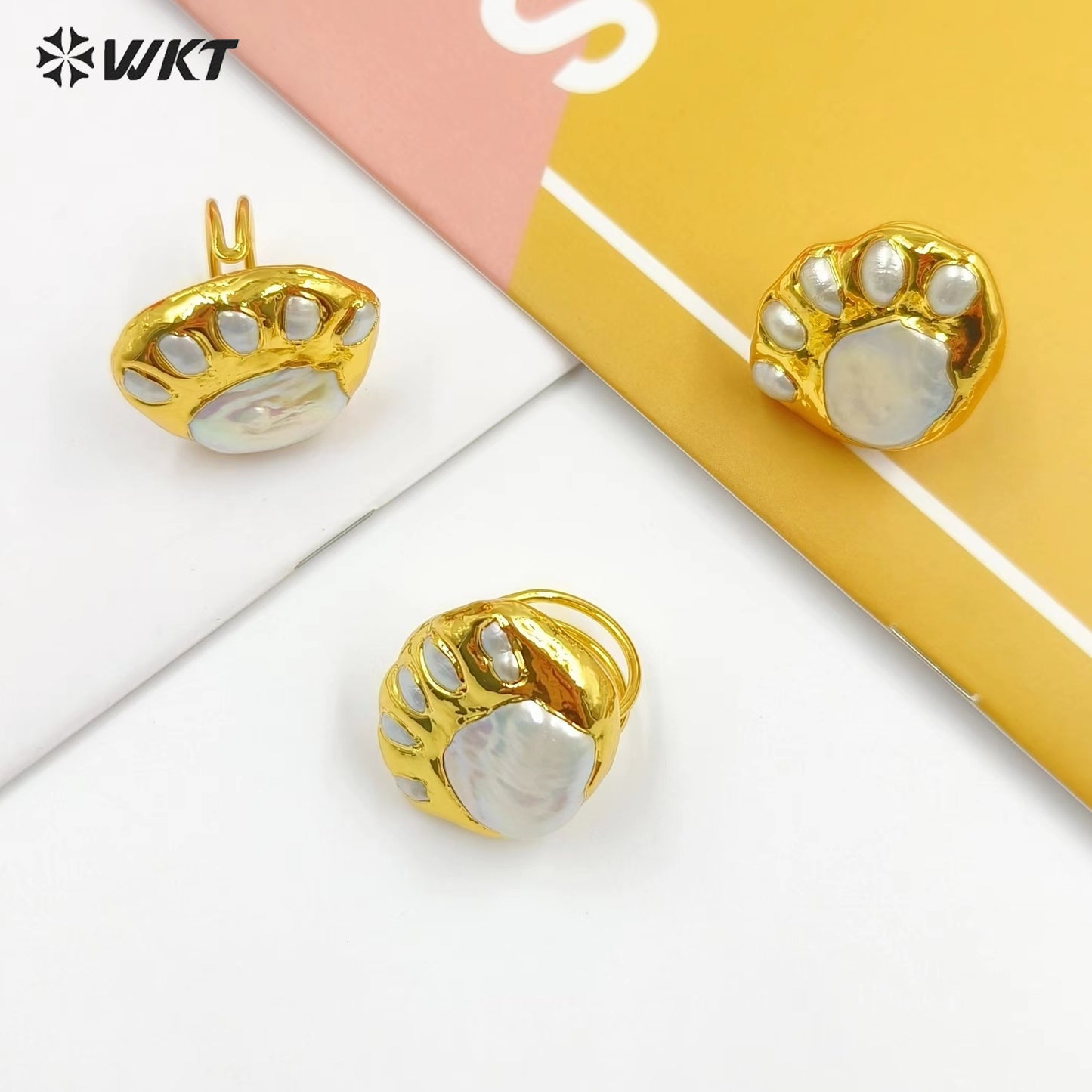 WT-MPR072 Unique Energy Gorgeous Freshwater Pearl Fan Shape Eye Lucky Women 18K Real Gold Plated Anneversary Ring