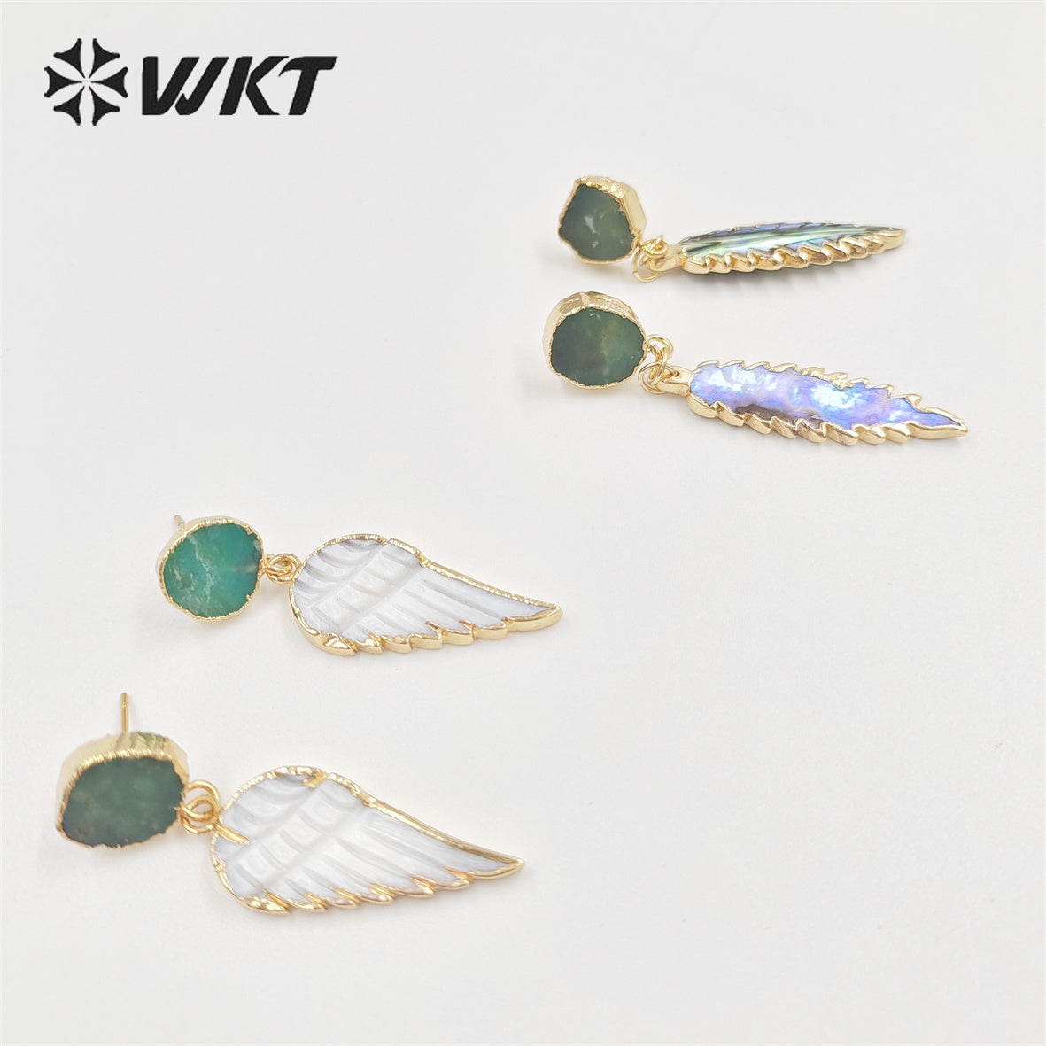 WT-MPE076 Wholesale Fashion Gold Plated Abalone Feather Leaf Earrings Unique Charming Elegant Welding Shell Earring for Party