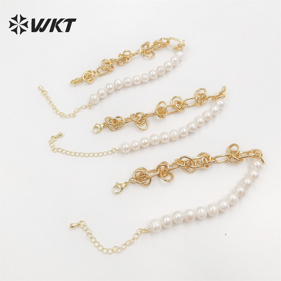 WT-MPB075 Wholesale Fashion Newest Freshwater Pearl Mix Chain Design Bracelet Gorgeous Natural Pearl Beads Chain Women Bracelet